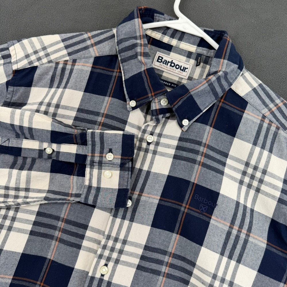 Barbour Mens Tailored Fit Plaid Button Down Shirt Navy White Orange Size Large